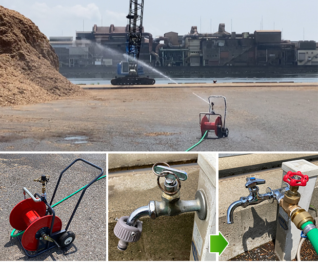 港湾の飛散する木材粉等の水まき